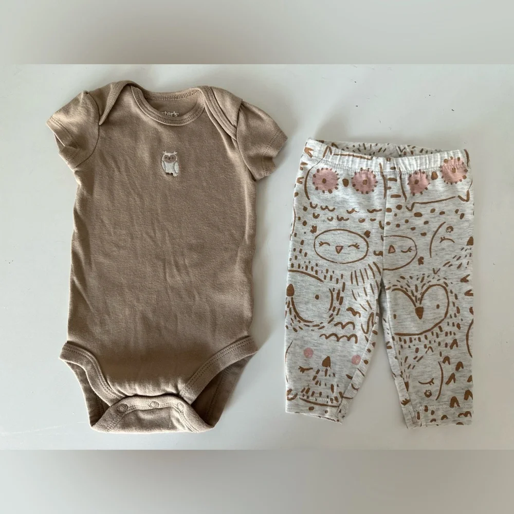 Carter’s 3M 3-Piece Matching Baby Girl Owl Outfit - Bodysuit, Leggings, & Vest